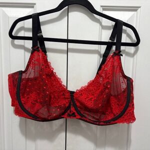 Cacique Women's Sz 46DD Sexy Red/black Lace Unlined Balconette Bra EUC